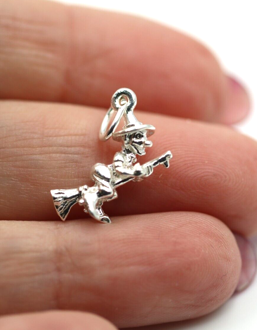 Sterling Silver 925 Witch on Broomstick Halloween Charm Pendant