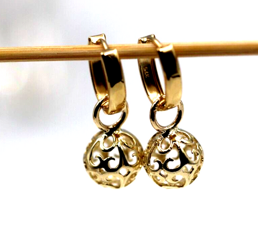 Genuine 9ct 9k Yellow Gold Hoop 10mm Filigree Ball Huggies Earrings