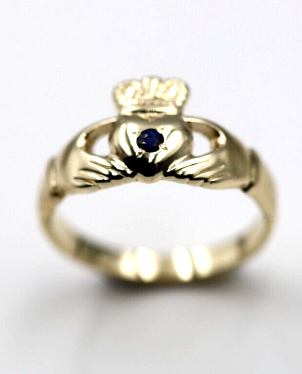 Genuine 9ct Yellow Gold Blue Sapphire(Birthstone September) Claddagh Ring - Choose your size