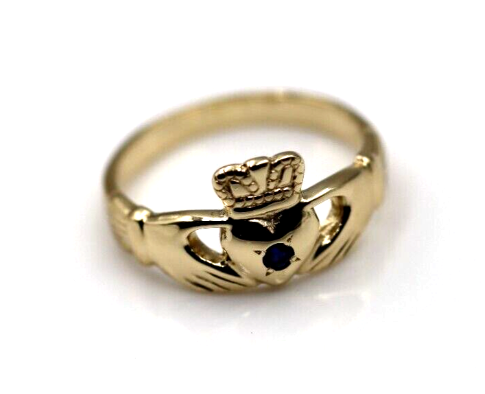 Genuine 9ct Yellow Gold Blue Sapphire(Birthstone September) Claddagh Ring - Choose your size