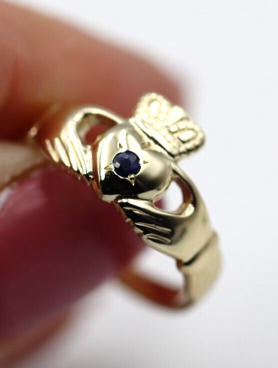 Genuine 9ct Yellow Gold Blue Sapphire(Birthstone September) Claddagh Ring - Choose your size