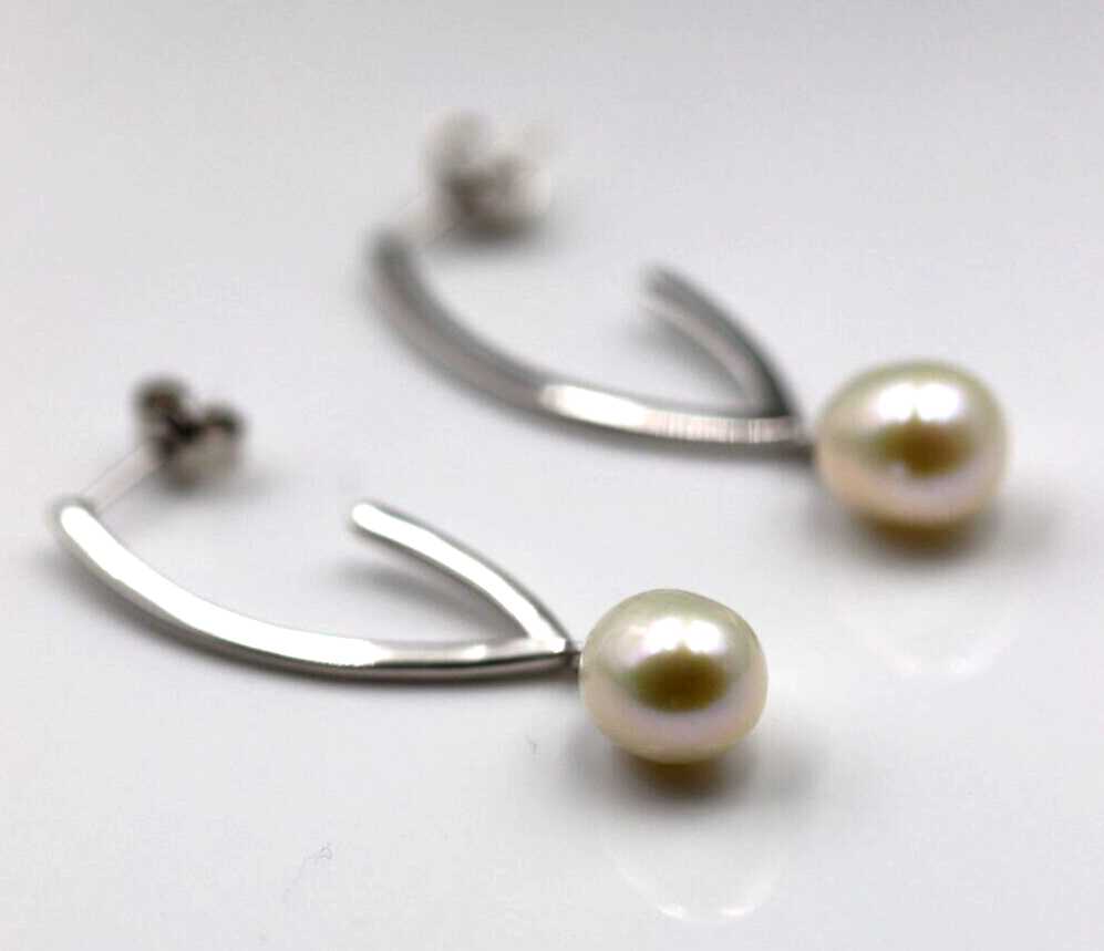 Sterling Silver 925 Oval Freshwater Cultured Pearl Drop Studs Earrings