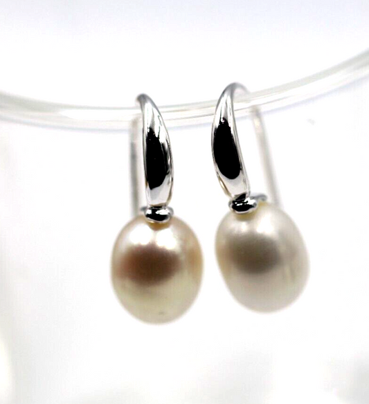 Sterling Silver 925 Oval Freshwater Cultured Pearl Drop Hook Earrings