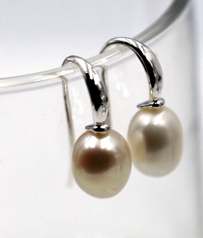 Sterling Silver 925 Oval Freshwater Cultured Pearl Drop Hook Earrings