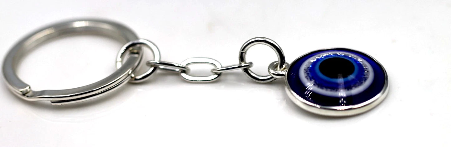 Genuine Sterling Silver 925 Greek Evil Eye Key Ring Keyring with Chain + 21mm