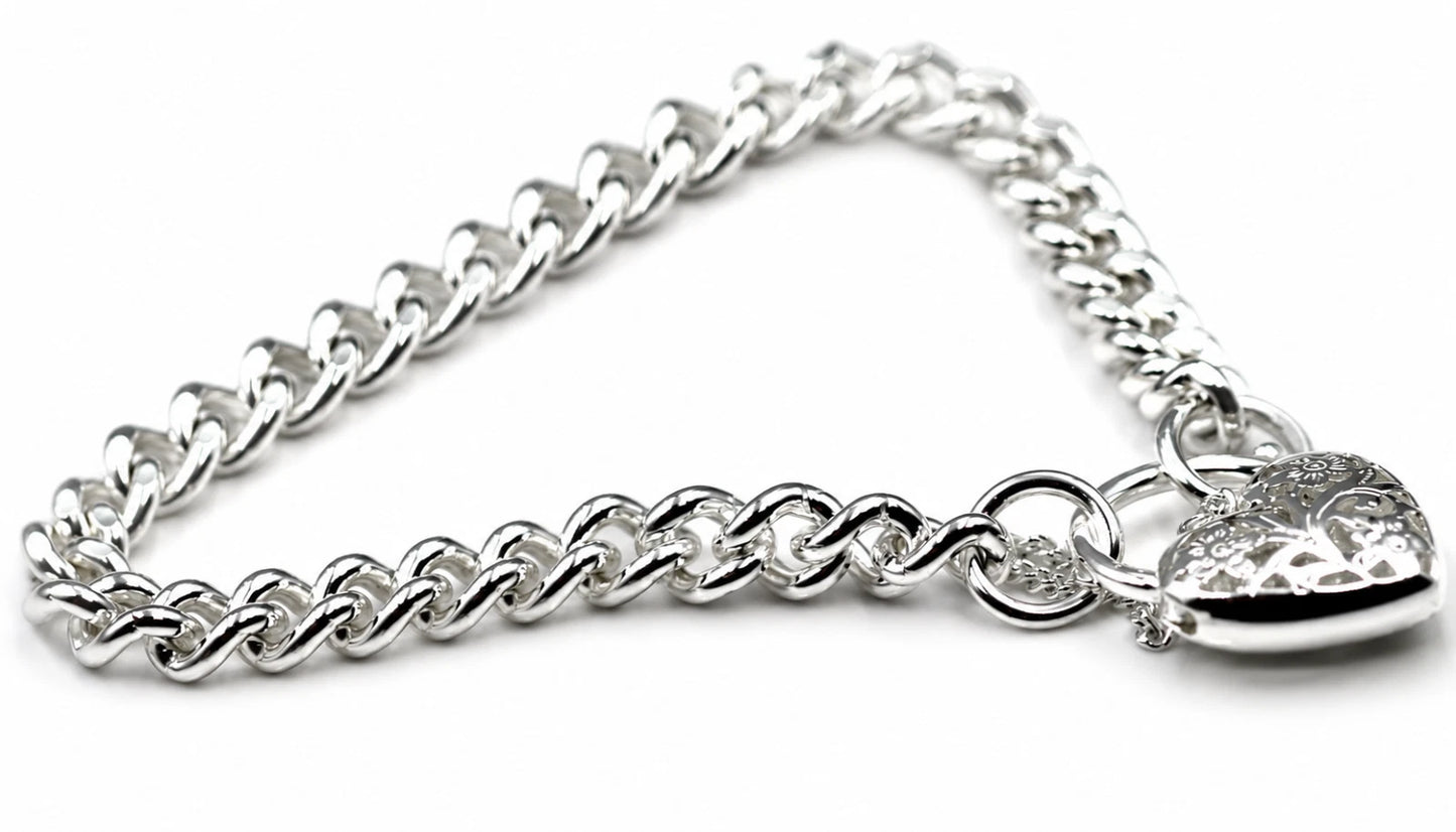Sterling Silver 925 Round Curb Filigree Padlock 21cm 31g Bracelet