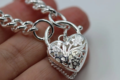Sterling Silver 925 Round Curb Filigree Padlock 21cm 31g Bracelet