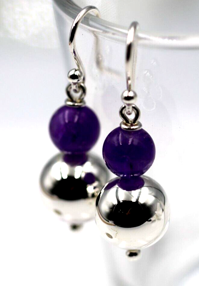 Genuine 12mm Sterling Silver 925 10mm Amethyst Ball Earrings