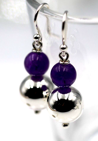 Genuine 12mm Sterling Silver 925 10mm Amethyst Ball Earrings