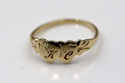 Size O Solid New 9ct 9Kt Yellow, Rose or White Gold Double Heart Signet Ring plus Engraving