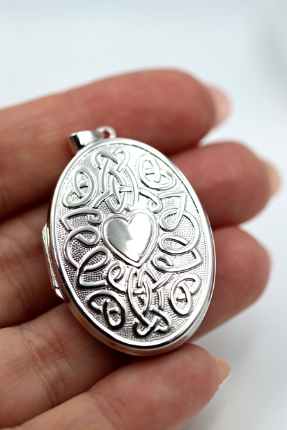 Sterling Silver 925 Heart Celtic Design 6 Photo Oval Locket + Necklace