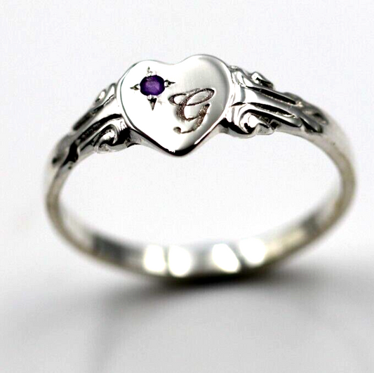 Sterling Silver Heart Amethyst Set Signet Ring Size N Engraved With 1 Initial