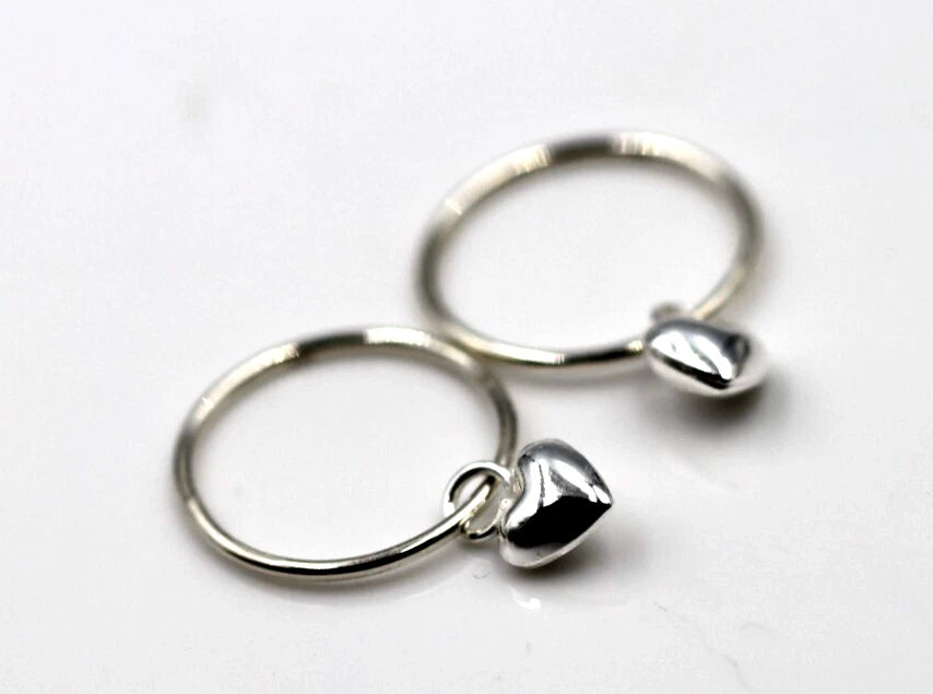 Sterling Silver 925 Sleepers Hinged Hoops Earrings + Heart Charms