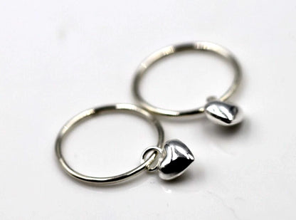 Sterling Silver 925 Sleepers Hinged Hoops Earrings + Heart Charms