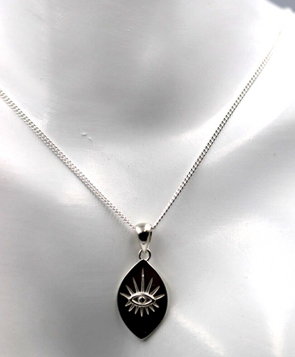 Genuine Sterling Silver 925 Greek Eye Charm Pendant & Chain Necklace - Choose your Necklace Length