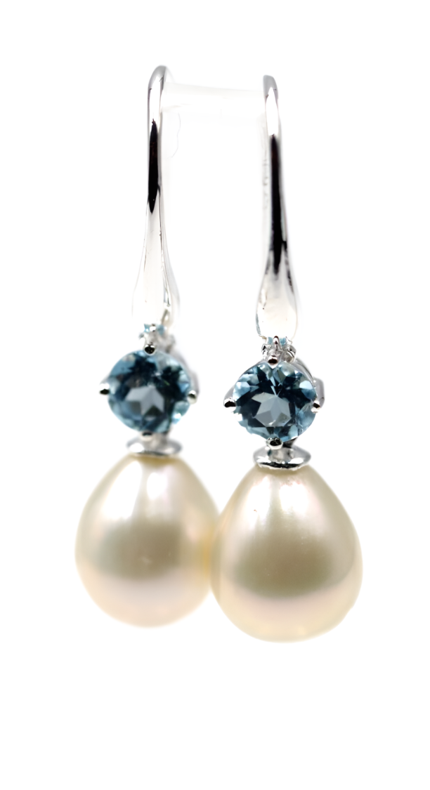 Oval Freshwater Cultured Pearl with 4-Claw 5mm Natural Blue Topaz Hook Earrings