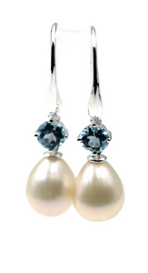 Oval Freshwater Cultured Pearl with 4-Claw 5mm Natural Blue Topaz Hook Earrings