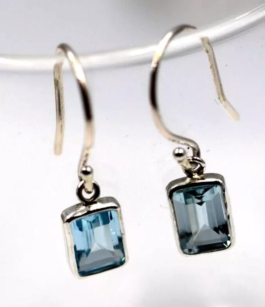 Genuine Sterling Silver 925 Blue Topaz Bezel Hook Earrings