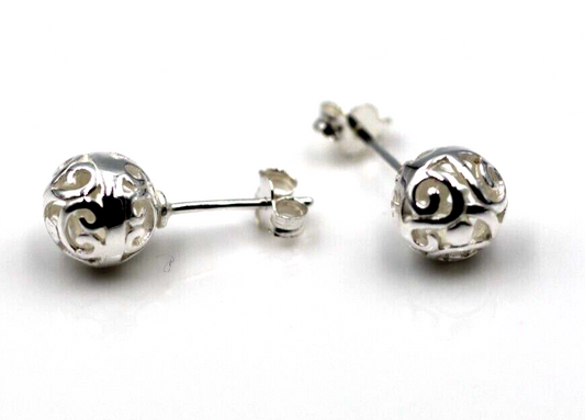 Genuine Sterling Silver 925 Full Ball 8mm Filigree Ball Studs