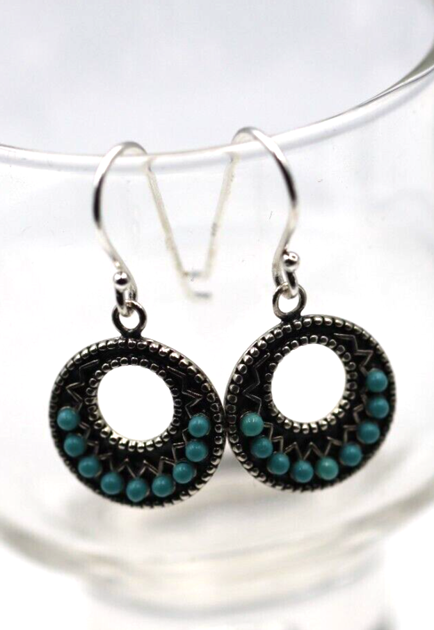 Sterling Silver 925 Oxidised / Turquoise Created Drop Earrings