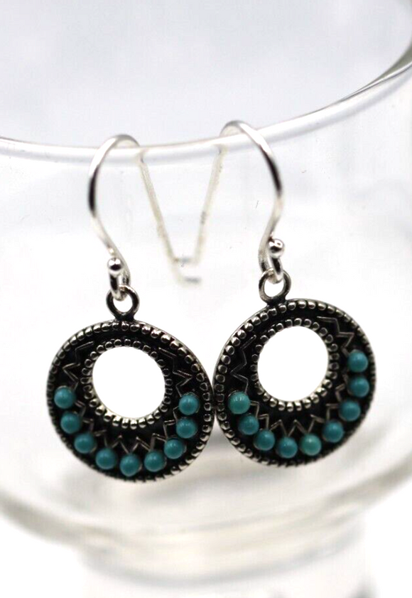 Sterling Silver 925 Oxidised / Turquoise Created Drop Earrings- Free Post