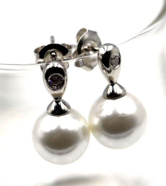 Sterling Silver 925 10mm Shell Pearl Ball Drop CZ Earrings