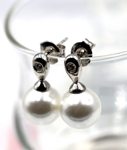 Sterling Silver 925 10mm Shell Pearl Ball Drop CZ Earrings