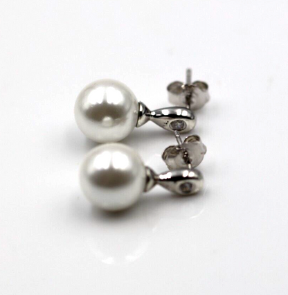 Sterling Silver 925 10mm Shell Pearl Ball Drop CZ Earrings