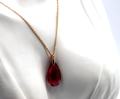 Sterling Silver Rose Gold Triple Plated Chain Necklace, Crystal Teardrop Pendant