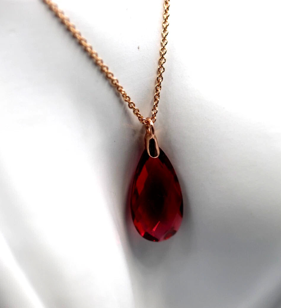 Sterling Silver Rose Gold Triple Plated Chain Necklace, Crystal Teardrop Pendant