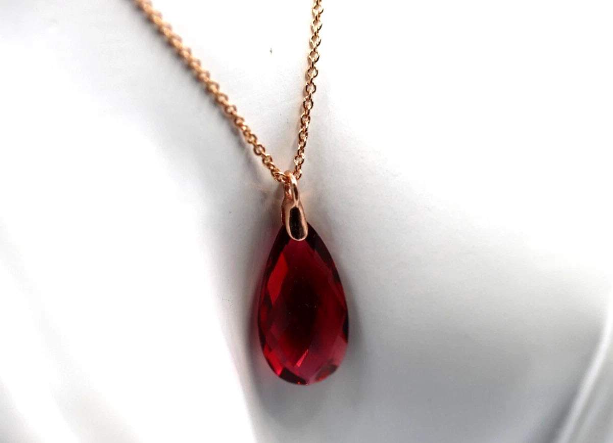 Sterling Silver Rose Gold Triple Plated Chain Necklace, Crystal Teardrop Pendant