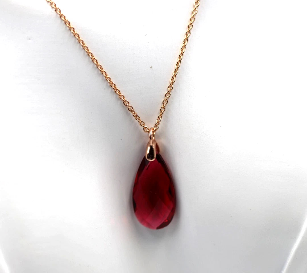 Sterling Silver Rose Gold Triple Plated Chain Necklace, Crystal Teardrop Pendant