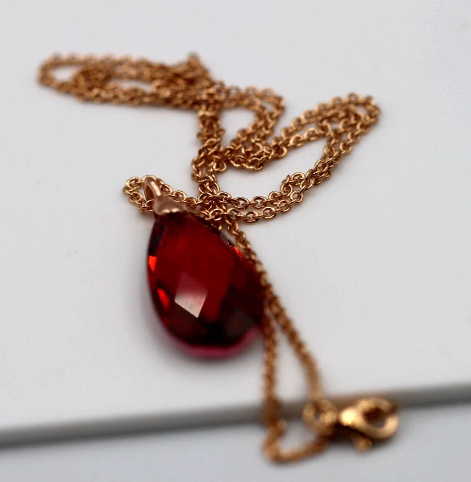 Sterling Silver Rose Gold Triple Plated Chain Necklace, Crystal Teardrop Pendant