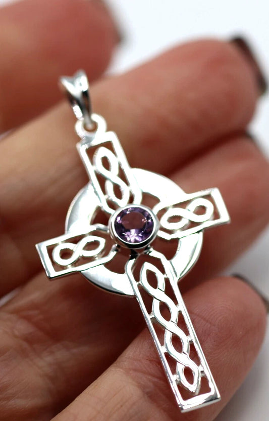 Sterling Silver 925 Large Amethyst Celtic Cross Pendant