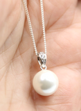 Sterling Silver 925 10mm CZ Freshwater Shell Pearl Pendant + Necklace-Free Post