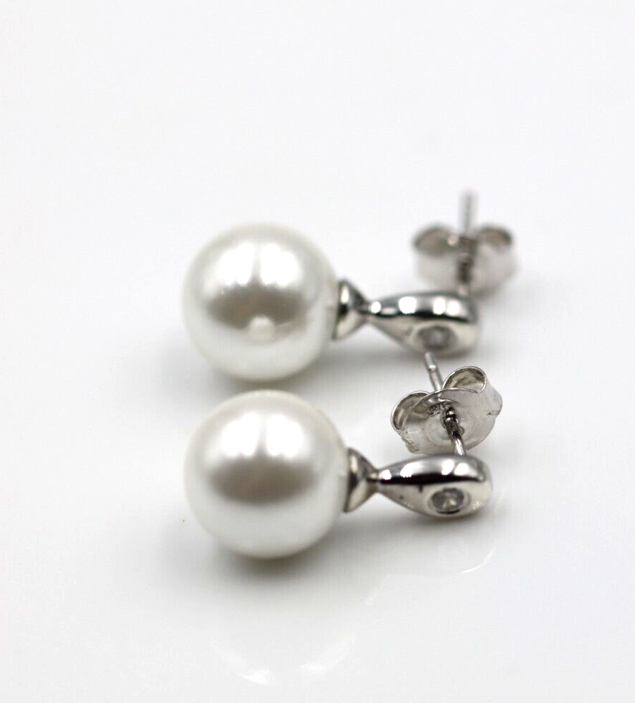 Sterling Silver 925 10mm Shell Pearl Ball Drop CZ Earrings