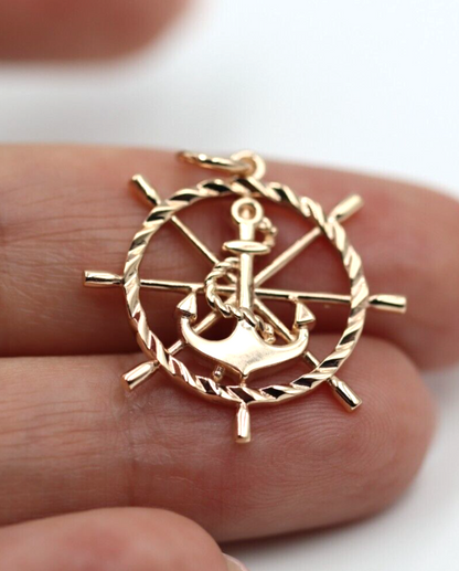 Genuine 9k 9ct Yellow, Rose or White Gold Anchor Wheel Charm Pendant Nautical Pendant