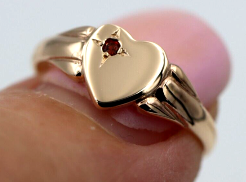 Genuine 9ct 9k Yellow, Rose or White Gold Heart Garnet Birthstone January Signet Ring