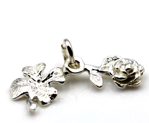 Sterling Silver 925 Lucky Four Leaf Clover & Rose Pendant / Charm