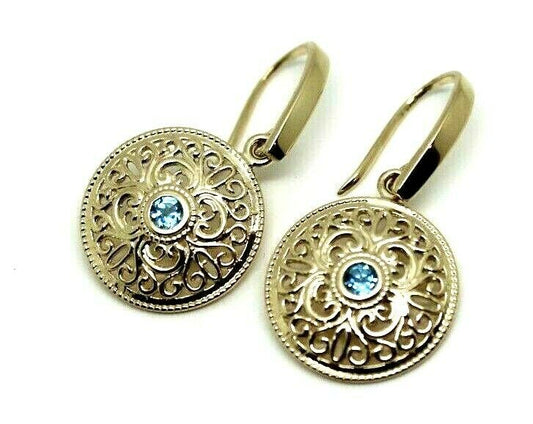 Genuine 9ct Solid Yellow, Rose or White Gold Blue Topaz Filigree Round Drop Earrings