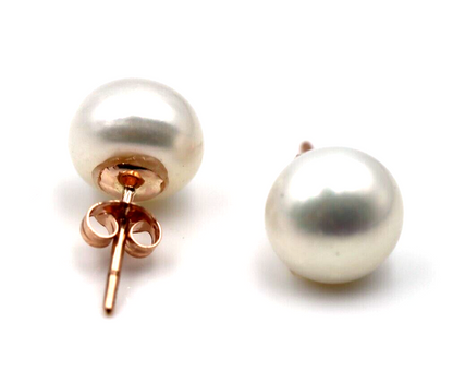 Genuine 9ct Yellow, Rose or White Gold White Button 10mm Freshwater Pearl Stud Earrings