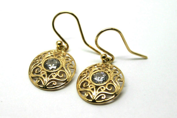 Genuine 9ct Solid Yellow Gold Stone Set Filigree Oval Hooks Earrings