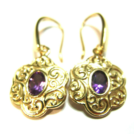 Genuine Heavy 9ct 9K Solid Yellow, Rose or White Gold Antique Amethyst Filigree Drop Earrings