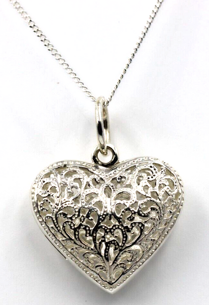 Sterling Silver Large Bubble Heart Filigree Pendant 55cm Curb Necklace