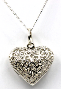 Sterling Silver Large Bubble Heart Filigree Pendant 55cm Curb Necklace-Free post