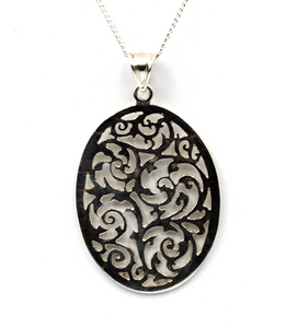 Sterling Silver Large Oval Filigree Pendant + 55cm Curb Necklace -Free post