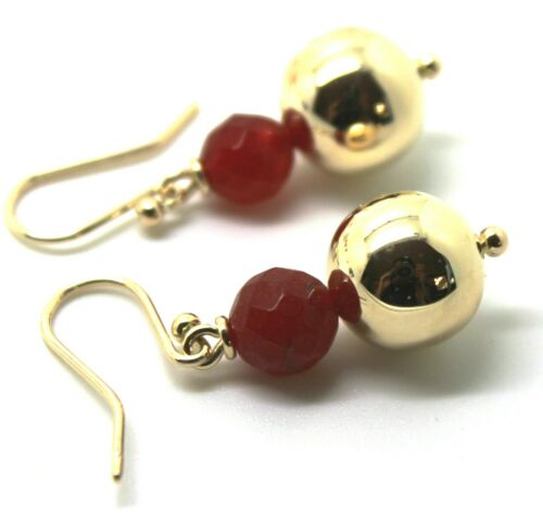 Genuine 9ct Yellow Gold 12mm Ball + 7mm Red Jade Faceted Earrings