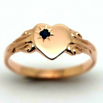 Genuine New Size L / 5.5 9ct Yellow, Rose or White Gold Heart Signet Ring Dark Sapphire