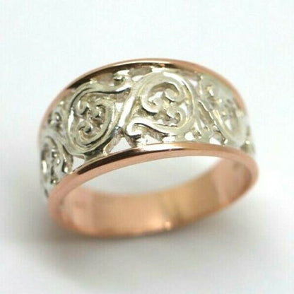 Size 6.75 / N 1/2  New Genuine Sterling Silver & 9ct Rose Gold Rims Filigree Swirl Ring