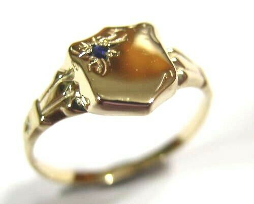 Genuine 9ct Small Yellow Gold Blue Sapphire Shield Signet Ring - Choose your ring size